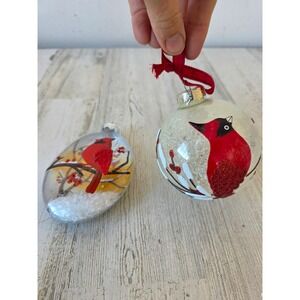 Vintage cardinal bird glass ornament snow Xmas‎ tree set medallion oval Cardinal